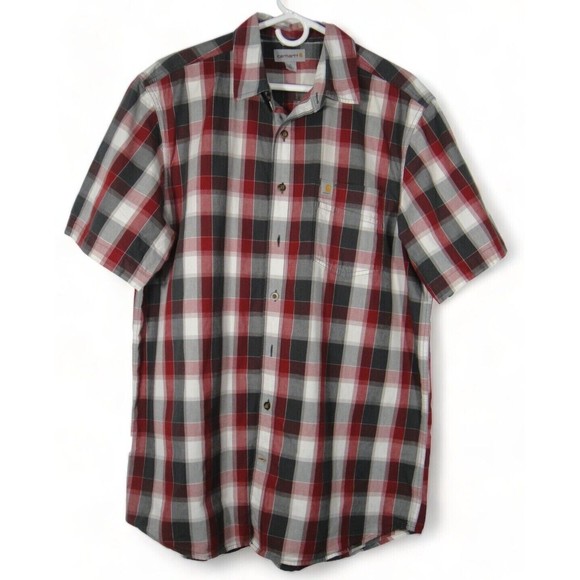 Carhartt Short Sleeve Flannel Collar Shirt Men Sz Large Tall Relaxed Fit Red - Picture 1 of 10